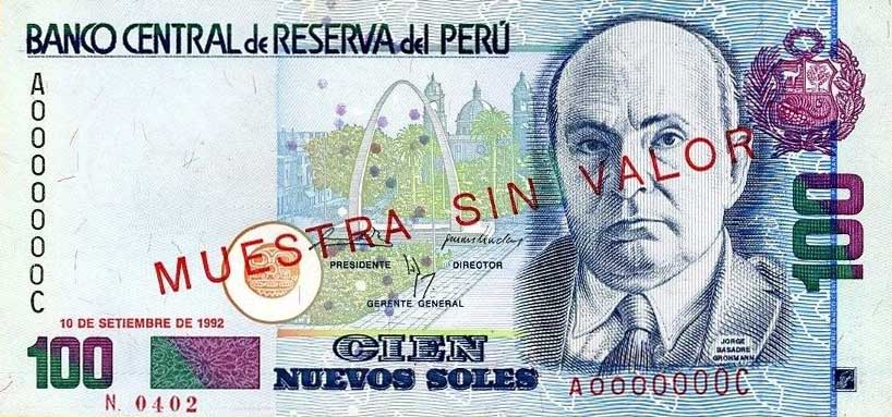 Front of Peru p155s: 100 Nuevos Soles from 1991