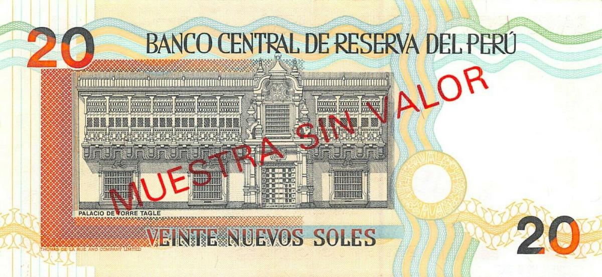 Back of Peru p158s: 20 Nuevos Soles from 1994