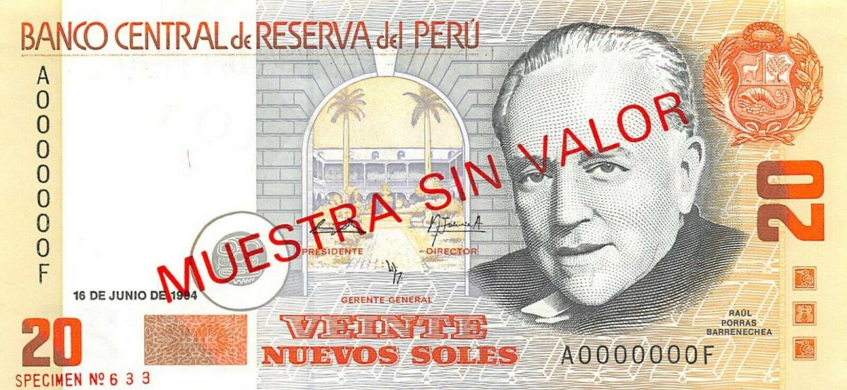 Front of Peru p158s: 20 Nuevos Soles from 1994