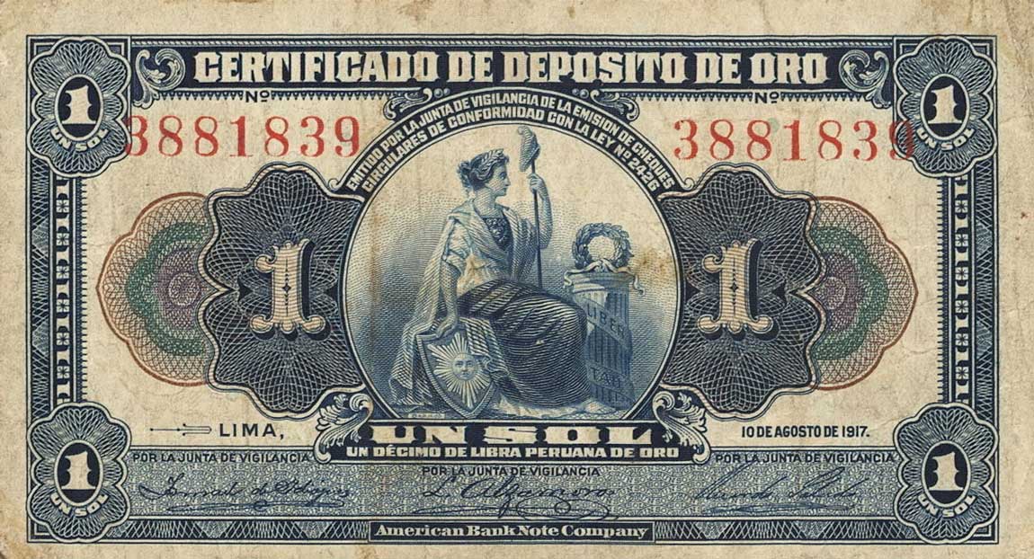Front of Peru p31a: 1 Sol from 1917