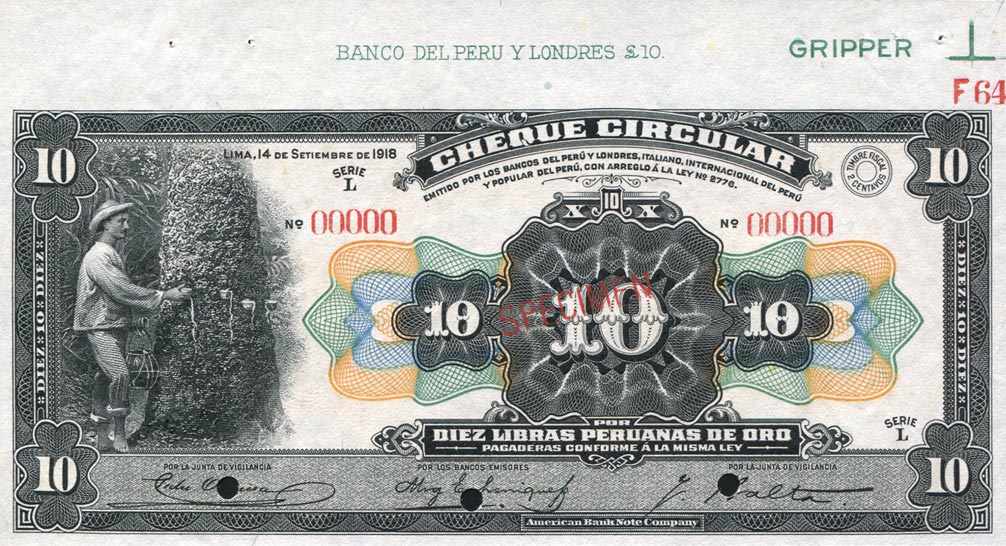 Front of Peru p39s: 10 Libras from 1918