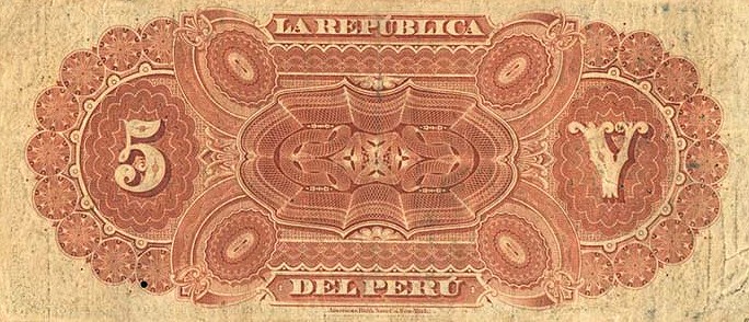 Back of Peru p3: 5 Soles from 1879