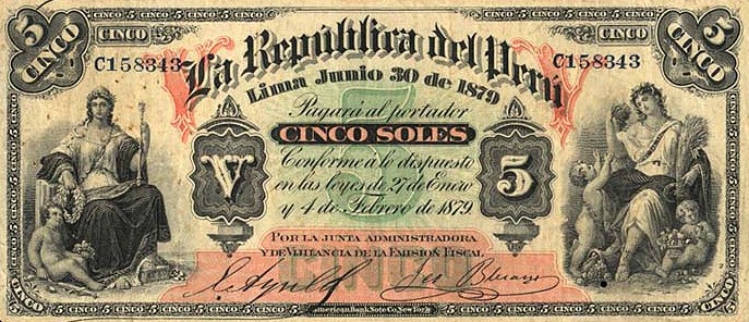Front of Peru p3: 5 Soles from 1879