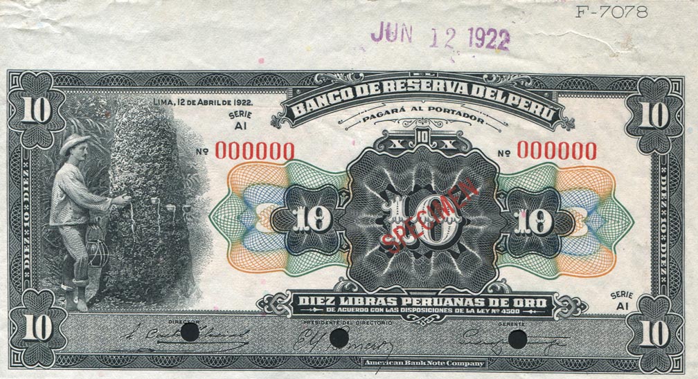Front of Peru p51s: 10 Libras from 1922
