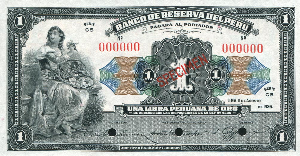 Front of Peru p53s: 1 Libra from 1926