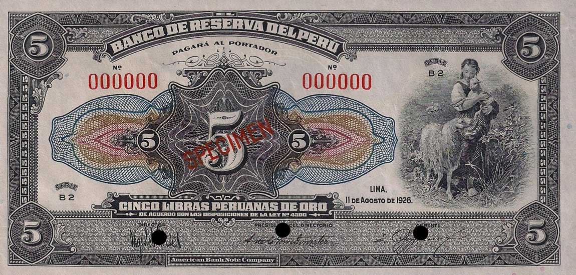 Front of Peru p54s: 5 Libras from 1926