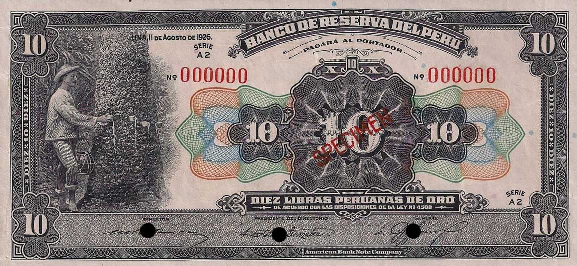 Front of Peru p55s: 10 Libras from 1926