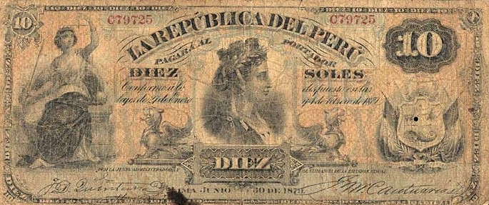 Front of Peru p5: 10 Soles from 1879
