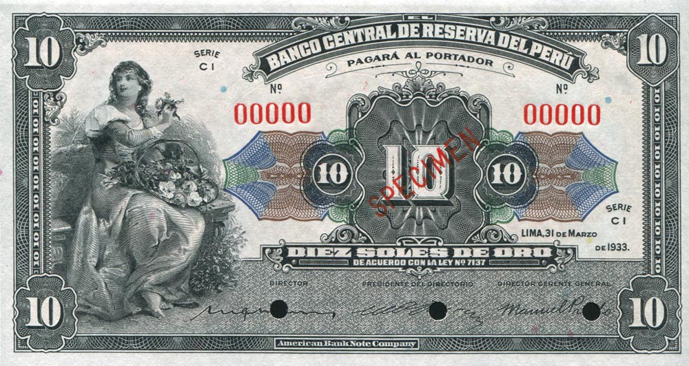 Front of Peru p67s: 10 Soles from 1933