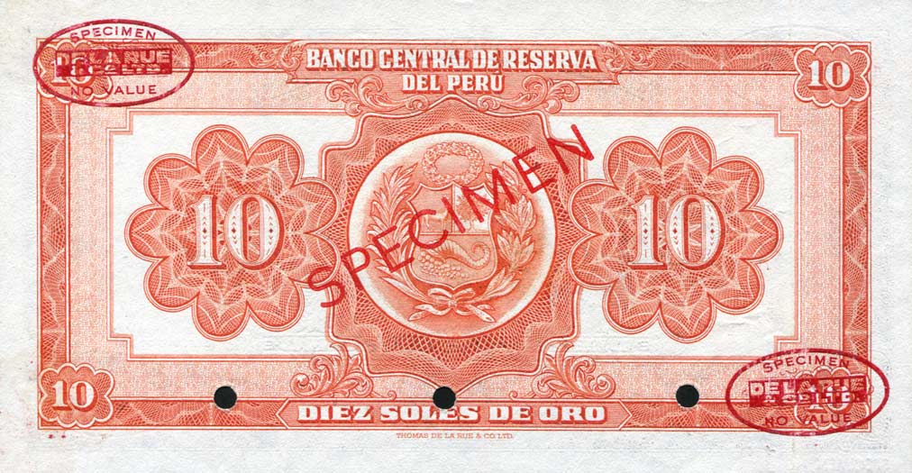 Back of Peru p71s: 10 Soles from 1951