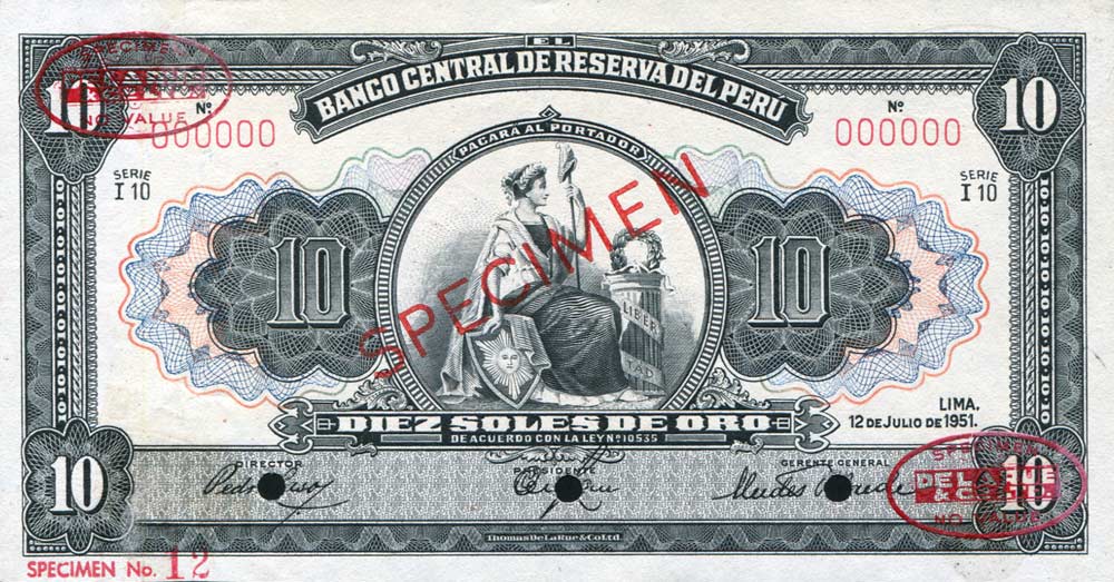 Front of Peru p71s: 10 Soles from 1951