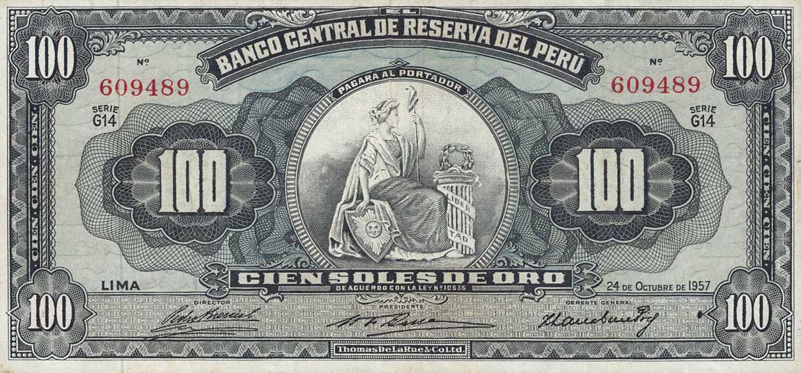 Front of Peru p79a: 100 Soles from 1956