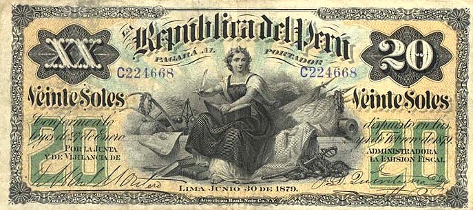 Front of Peru p7a: 20 Soles from 1879