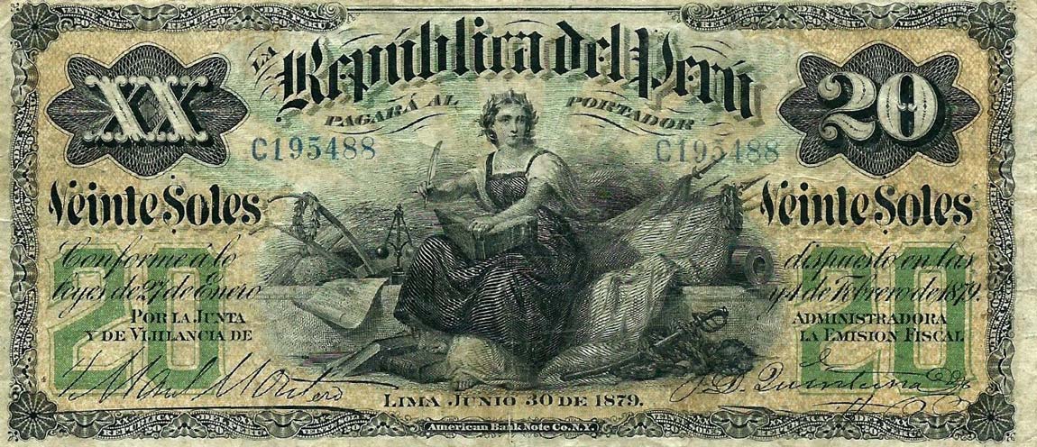 Front of Peru p7b: 20 Soles from 1879