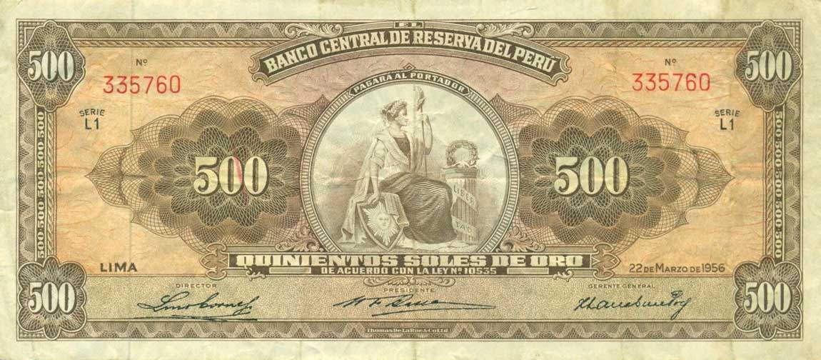 Front of Peru p80a: 500 Soles from 1956
