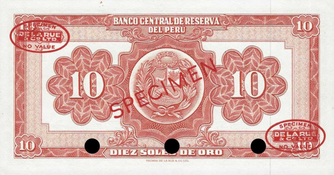 Back of Peru p84s: 10 Soles de Oro from 1962