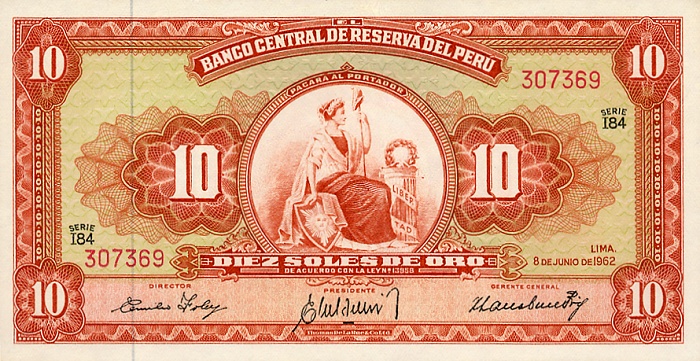 Front of Peru p88: 10 Soles de Oro from 1965