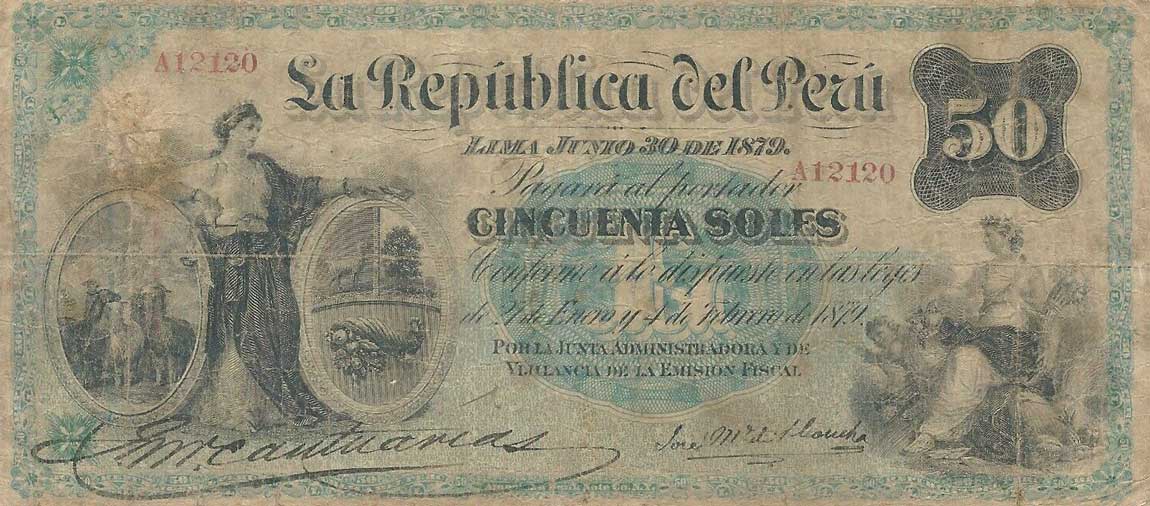 Front of Peru p8: 50 Soles from 1879