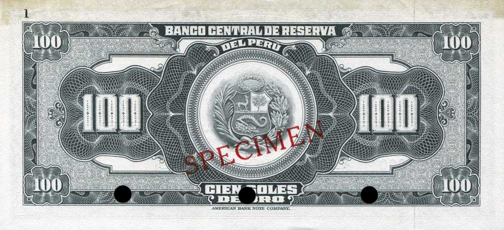 Back of Peru p90s: 100 Soles de Oro from 1962