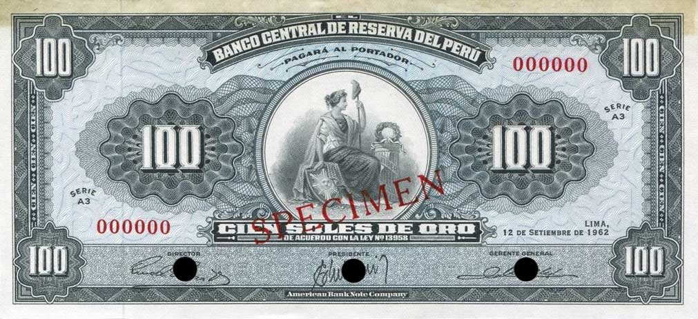 Front of Peru p90s: 100 Soles de Oro from 1962