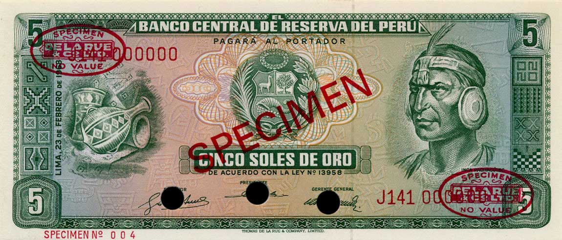 Front of Peru p92s: 5 Soles de Oro from 1968