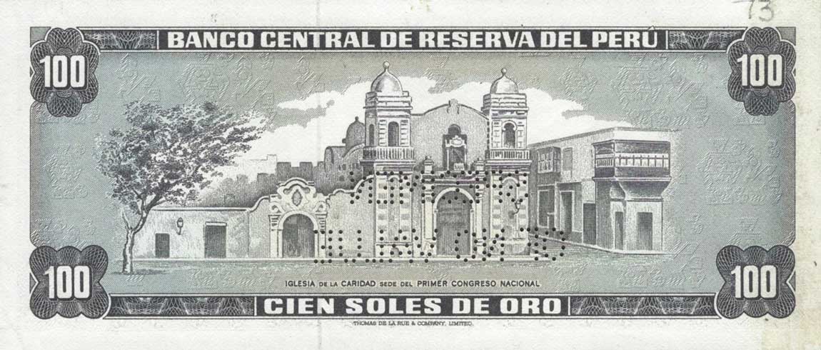 Back of Peru p95s: 100 Soles de Oro from 1968