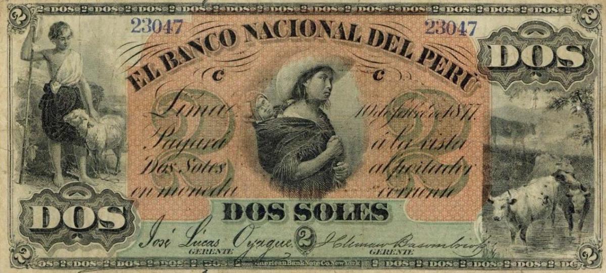 Front of Peru pS322a: 2 Soles from 1877