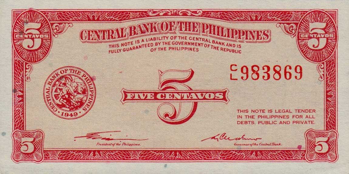 Front of Philippines p125a: 5 Centavos from 1949