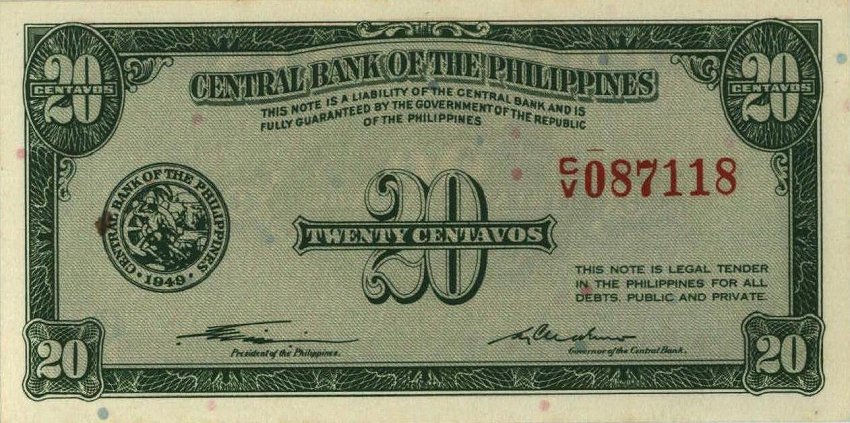 Front of Philippines p129a: 20 Centavos from 1949