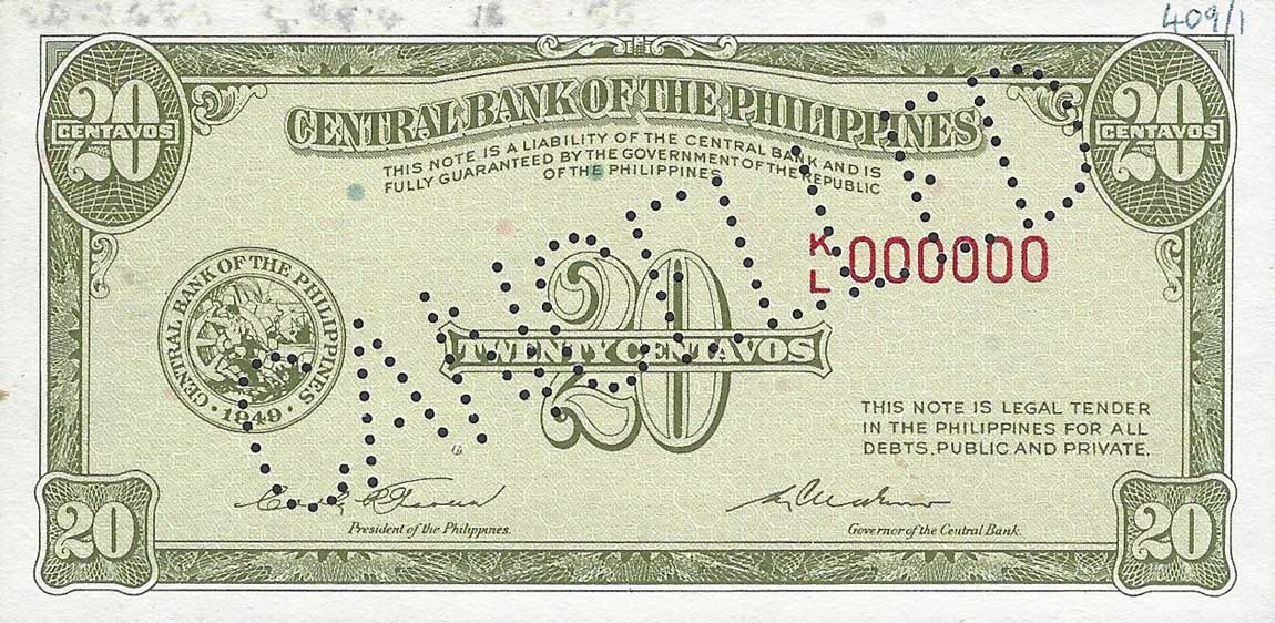 Front of Philippines p130s1: 20 Centavos from 1949