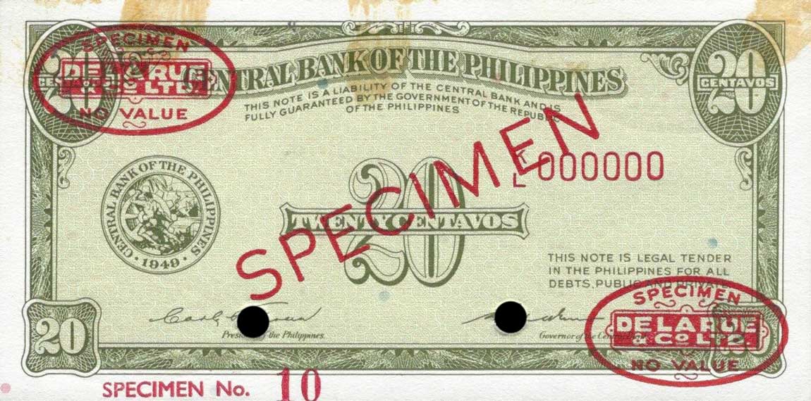Back of Philippines p130s2: 20 Centavos from 1949