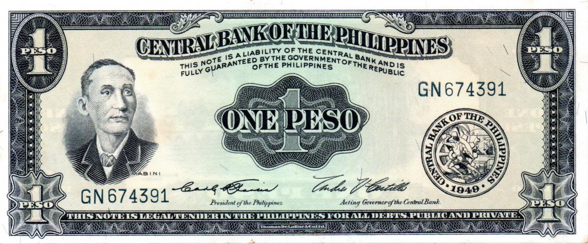 Front of Philippines p133e: 1 Peso from 1949