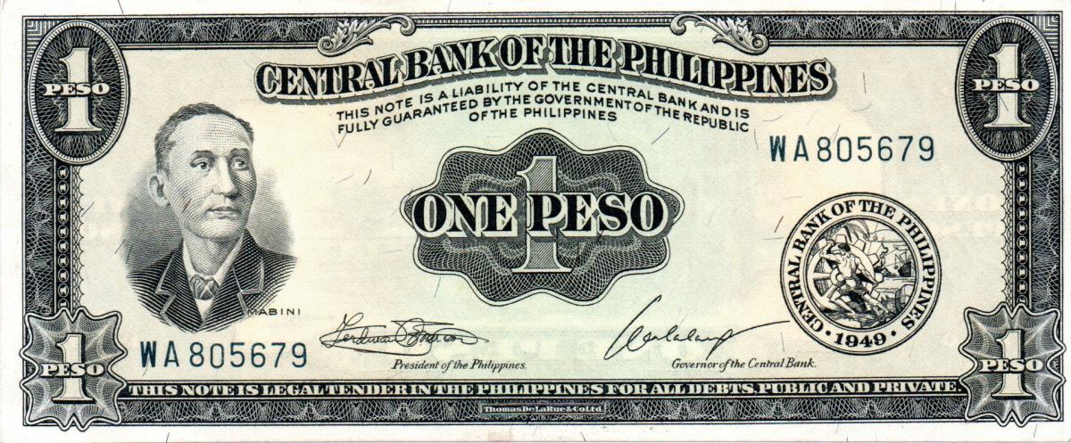 Front of Philippines p133h: 1 Peso from 1949