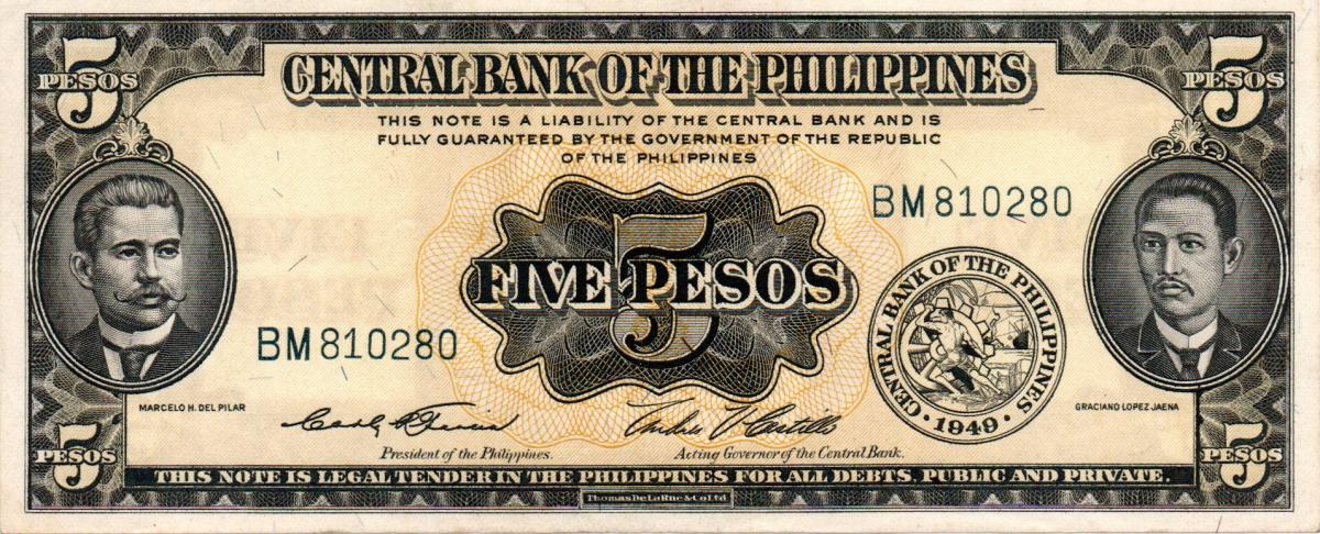 Front of Philippines p135d: 5 Pesos from 1949