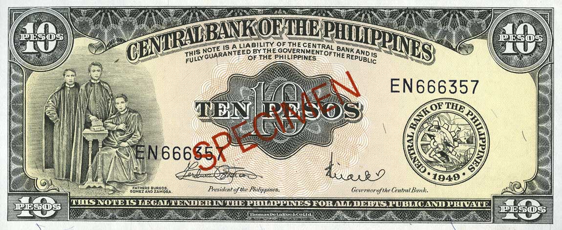 Front of Philippines p136s8: 10 Pesos from 1949