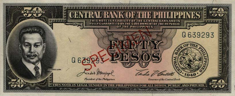 Front of Philippines p138s4: 50 Pesos from 1949