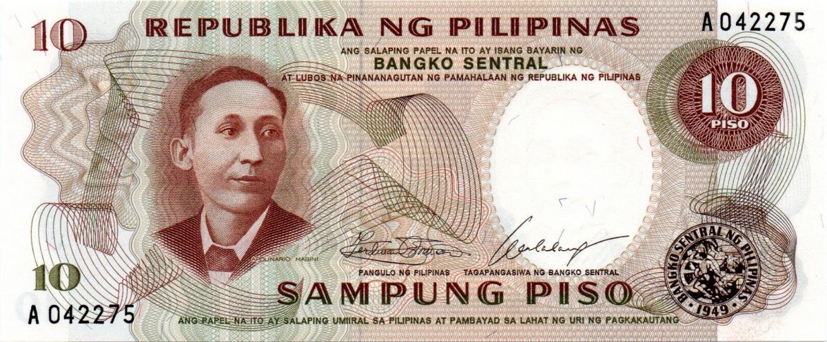 Front of Philippines p144a: 10 Piso from 1969