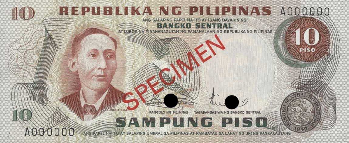 Front of Philippines p144s1: 10 Piso from 1969
