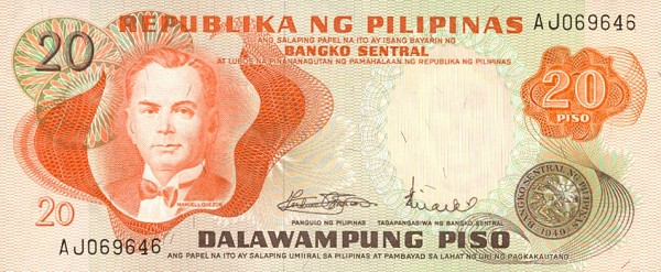 Front of Philippines p150a: 20 Piso from 1970