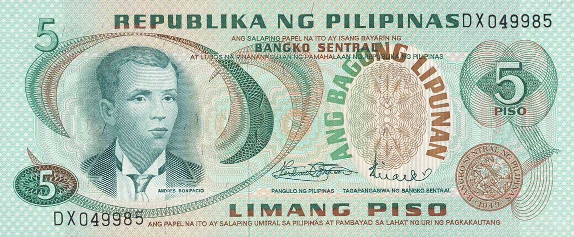 Front of Philippines p153a: 5 Piso from 1970