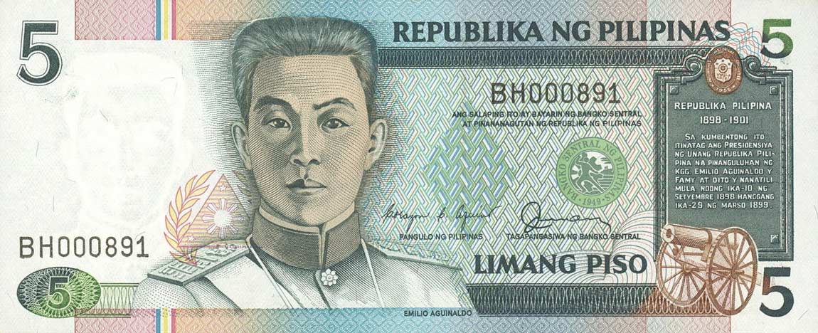 Front of Philippines p168b: 5 Piso from 1985