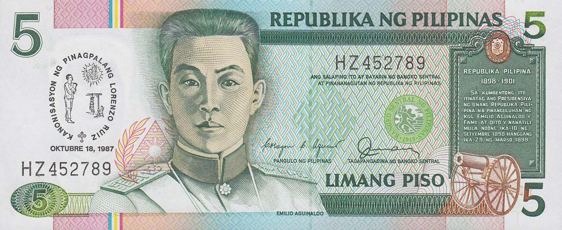 Front of Philippines p176a: 5 Piso from 1987