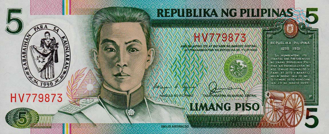 Front of Philippines p178b: 5 Piso from 1990