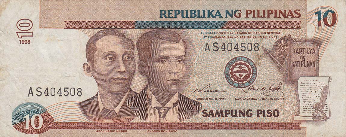 Front of Philippines p187b: 10 Piso from 1998