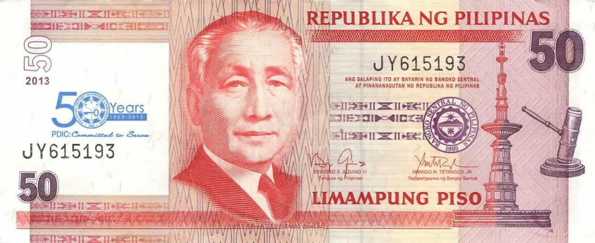 Front of Philippines p217: 50 Piso from 2012