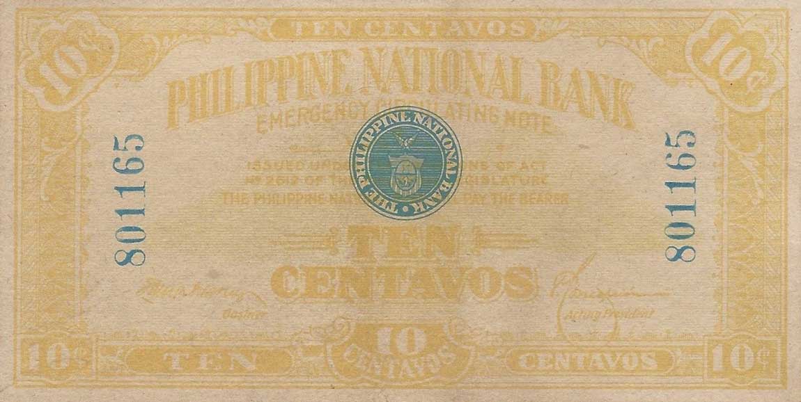 Front of Philippines p39: 10 Centavos from 1917