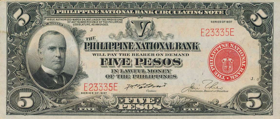 Front of Philippines p57a: 5 Pesos from 1937
