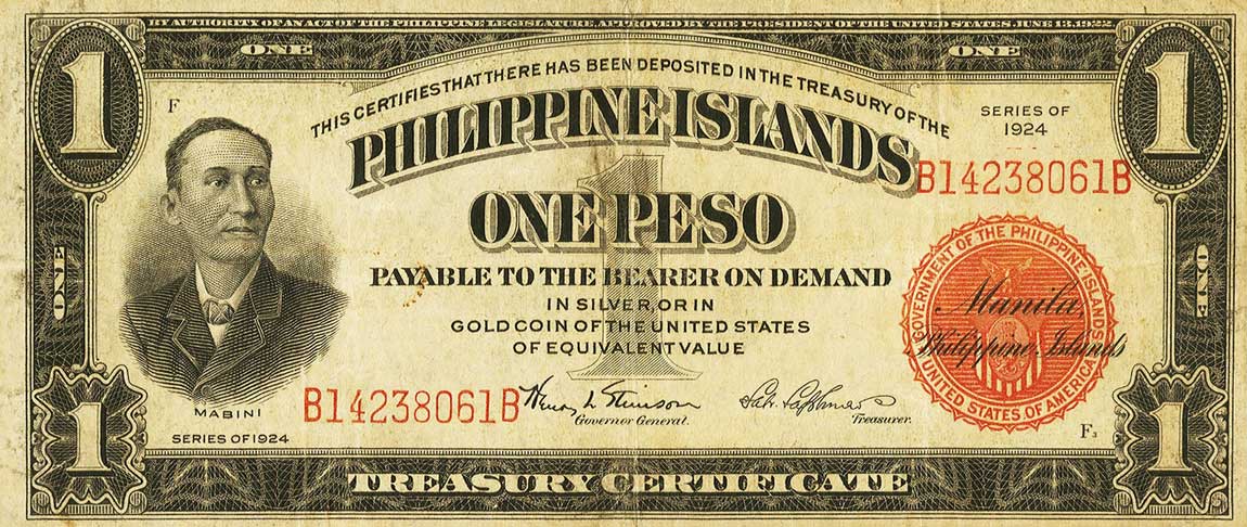 Front of Philippines p68c: 1 Peso from 1924