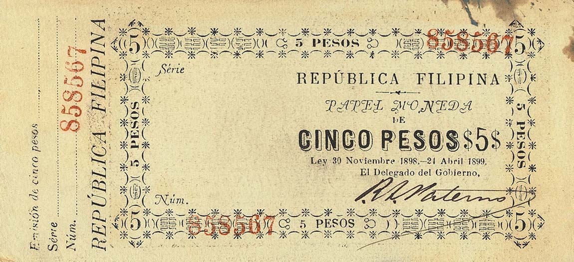 Front of Philippines pA27a: 5 Pesos from 1898