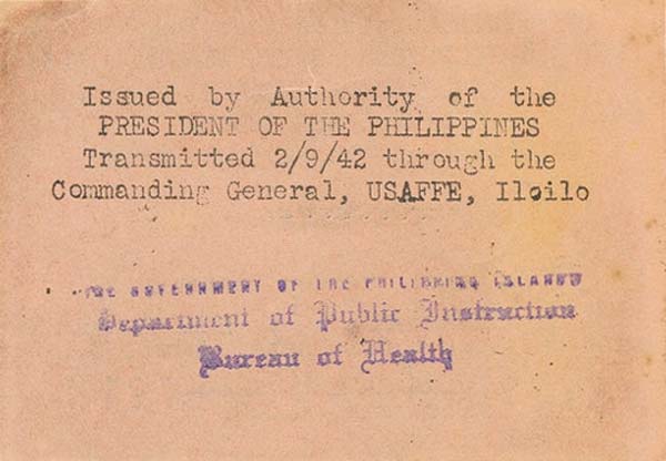 Back of Philippines pS251: 1 Centavo from 1942